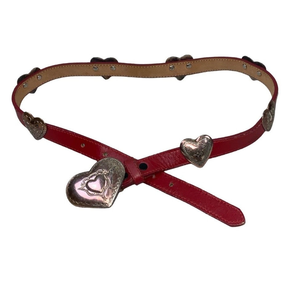 Vintage 90s 00s Y2k Red Leather Western Heart Studded Buckle Thin Belt