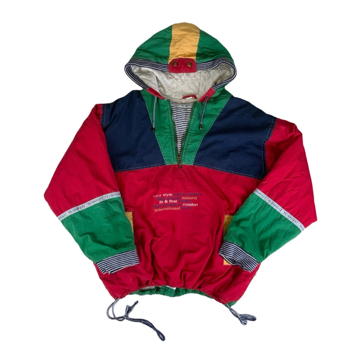 Vintage 90s ‘PS Company’ Red Blue Green Windbreaker Pull-Over Hoodie L XL