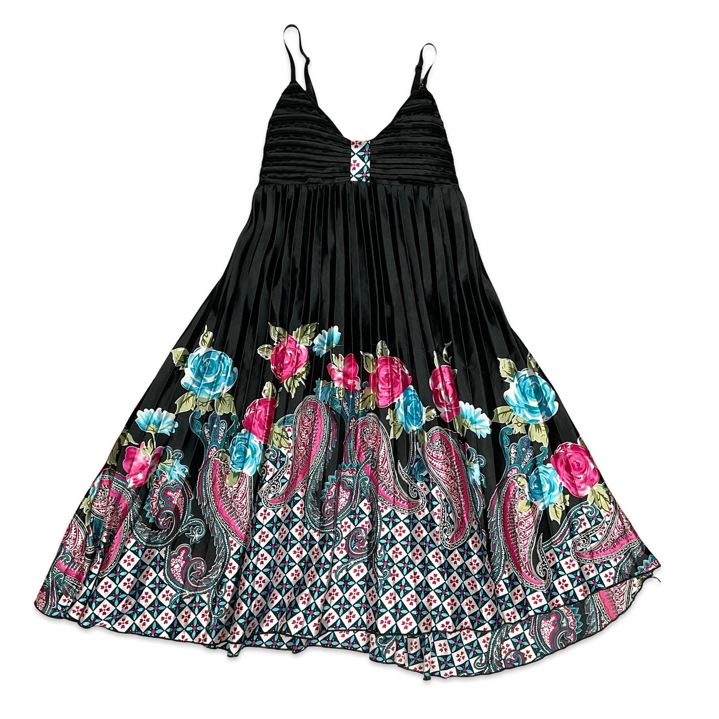 90s Black Pink & Blue Floral Pleated Midi Dress 8 10