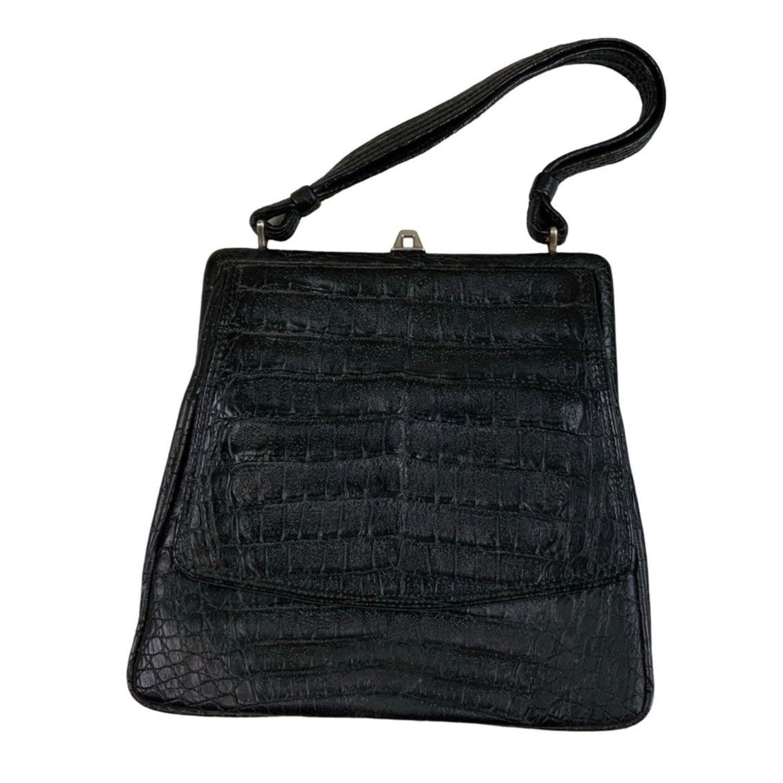 Vintage Black Textured Leather Croc Print Snap Closure Handbag