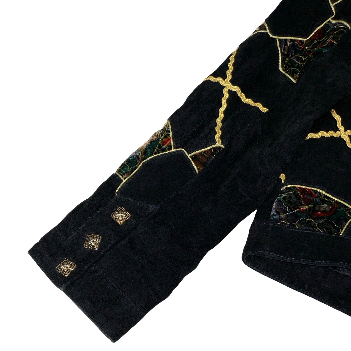 Vintage 80s ‘Dino’z’ Black Gold Patchwork Embroidered Velvet Crop Suede Leather Jacket 16 18 L