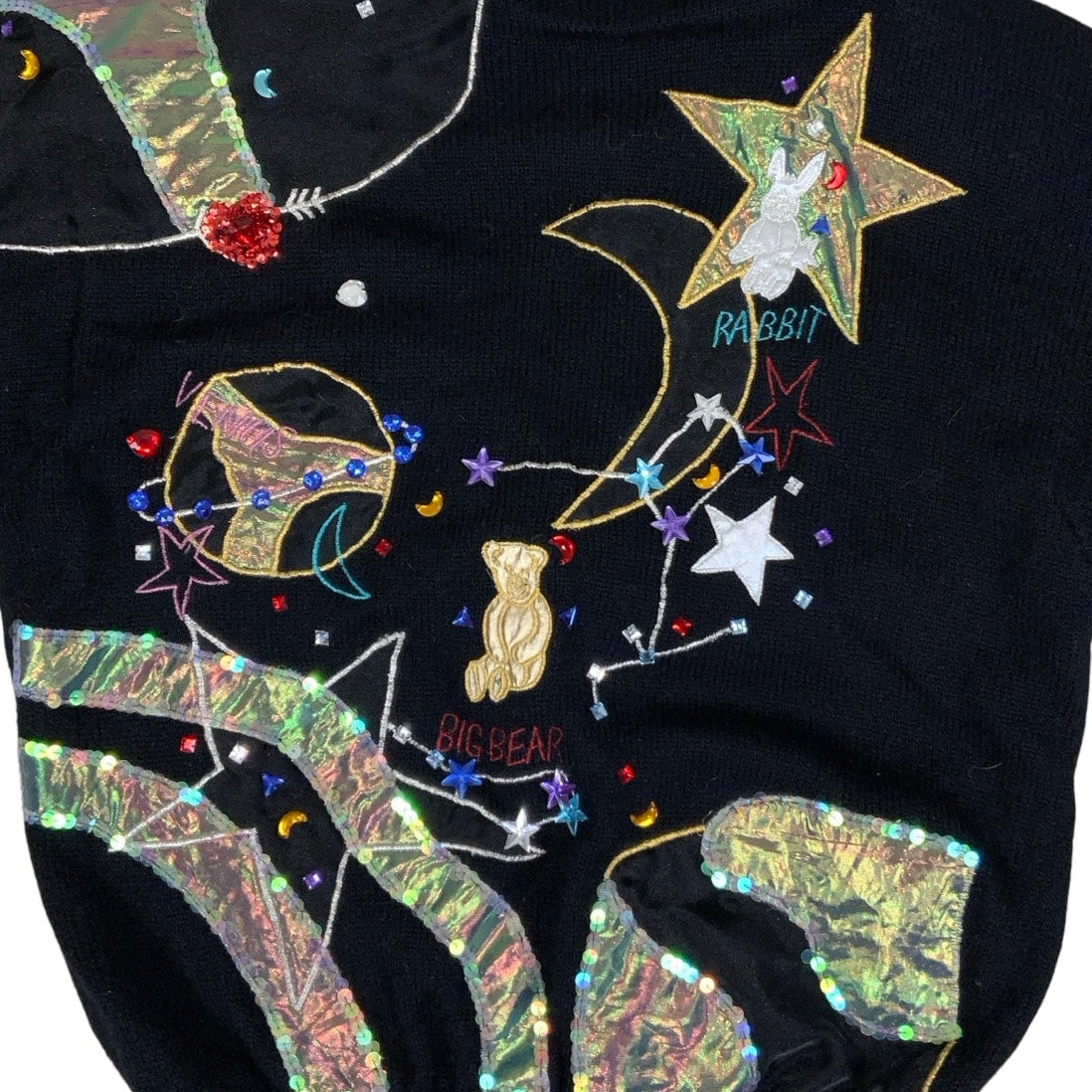 Vintage 80s Crazy Whimsical Psychedelic Geometric Space Embroidered Zip-Up Black Mohair Cardigan XL 2XL