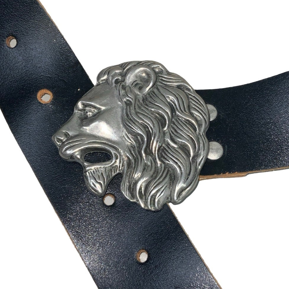 Vintage 80s 90s Black Leather Silver Lion Pin Buckle Belt