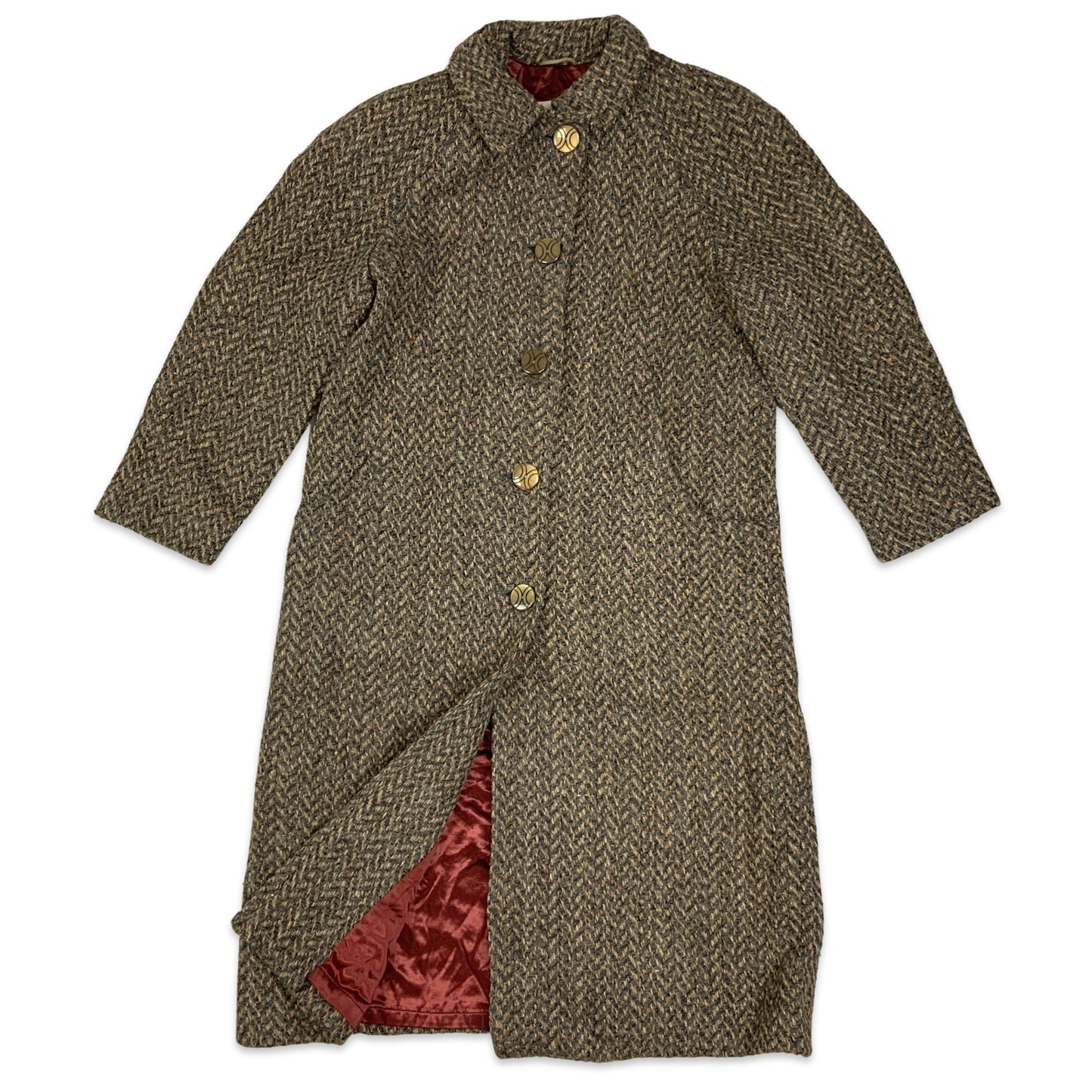 Vintage 80s 90s London Fog Herringbone Pattern Ladies' Brown Wool Coat 12 14 16