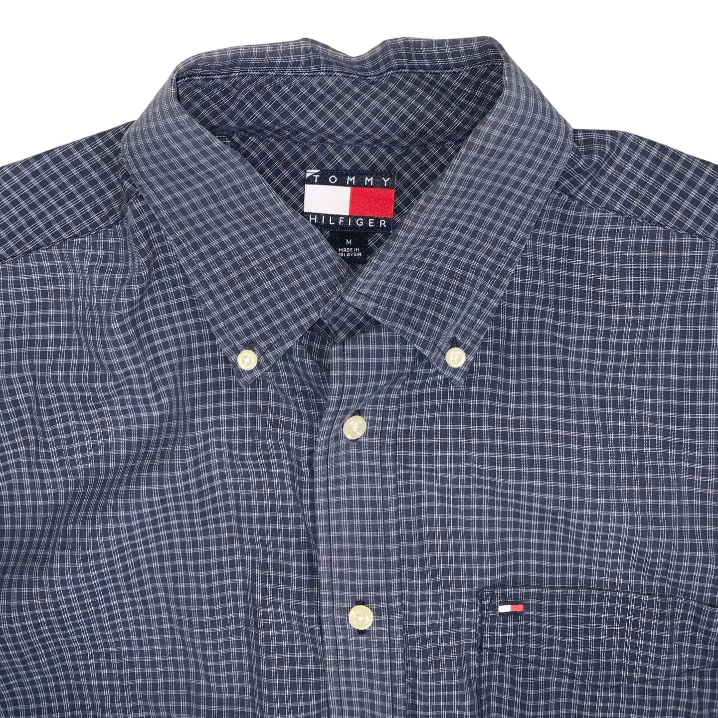 Vintage 90s ‘Tommy Hilfiger’ Blue White Check Short Sleeve Single Pocket Shirt L XL