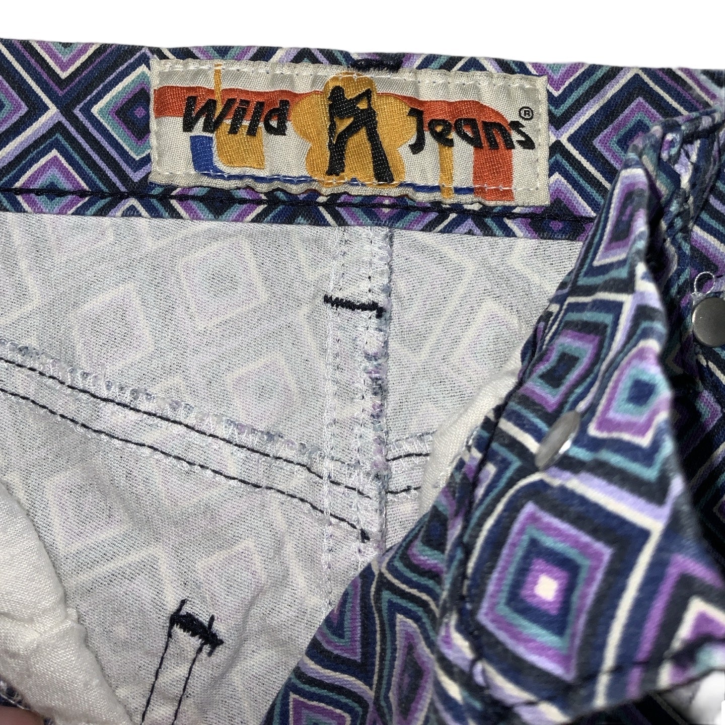 Vintage 70s ‘Wild Jeans’ Purple Blue White Geometric Psychedelic Straight Leg Jeans XS 4 6