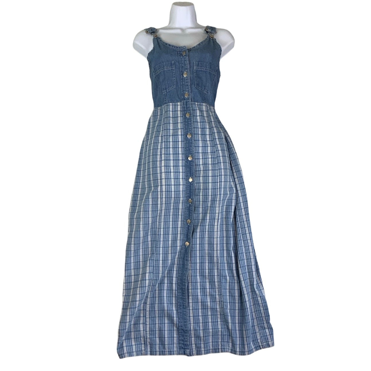 Vintage 90s Y2K ‘Broadway Industries’ Dungaree Tartan Midi Shirt Summer Dress 8 10 XS S