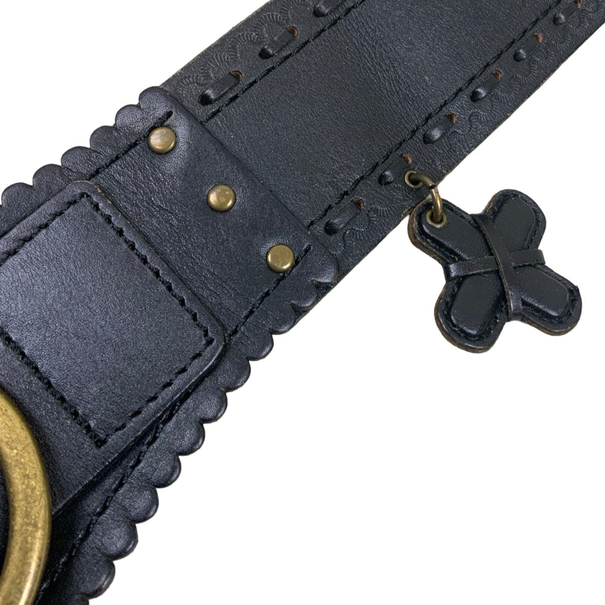 Vintage 90s 00s y2k 'Sandwich' Thick Black Leather Stitched Cross Attachment Buckle Belt