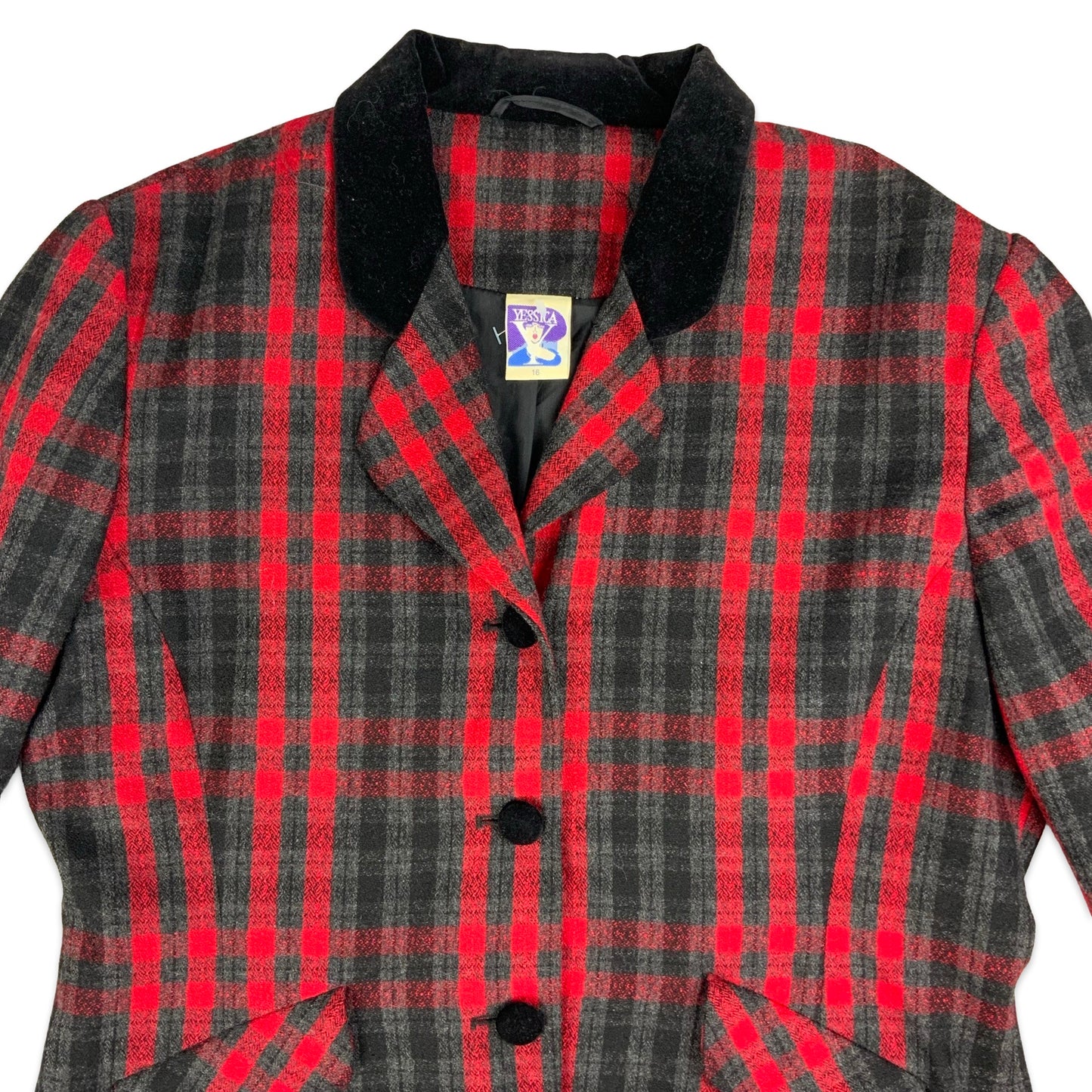 90s Red & Black Checkered Wool Blazer 12 14 16