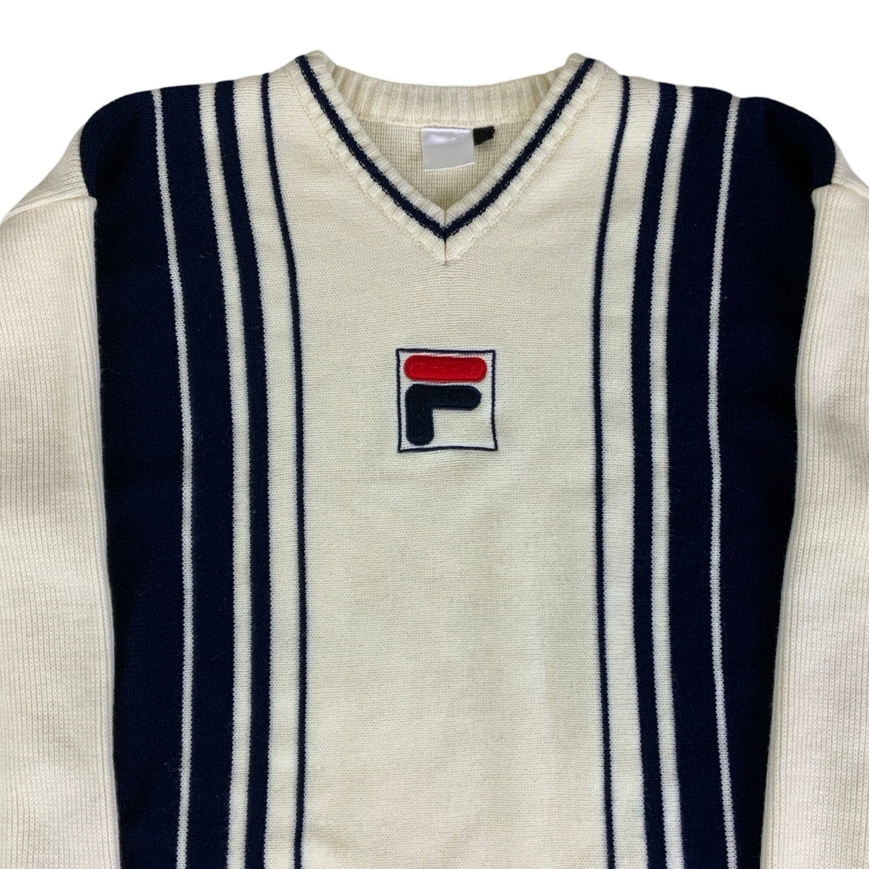 Vintage ‘Fila’ Cream Blue Stripe V-Neck Jumper M L