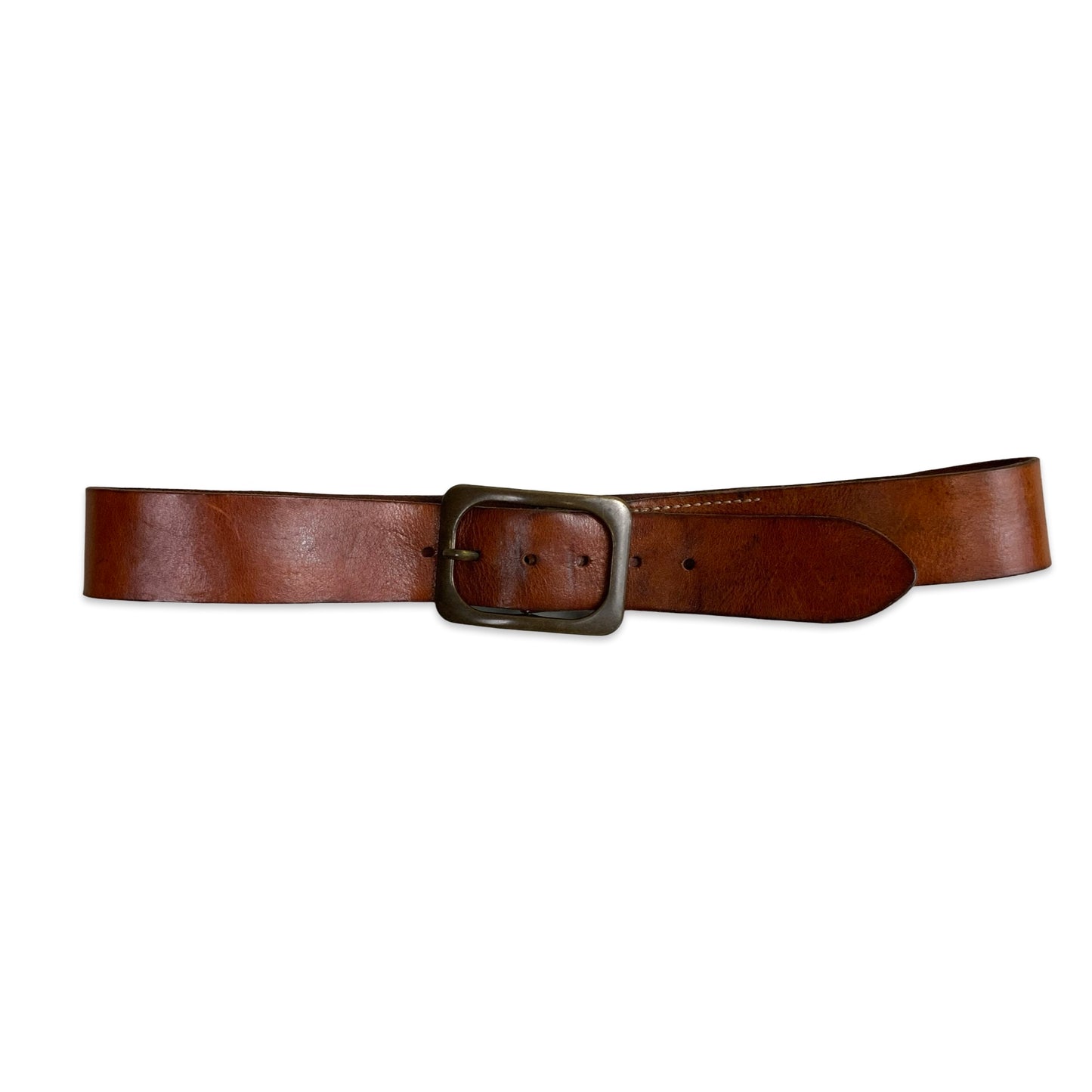 Vintage Tan Brown Leather Belt Bronze Buckle