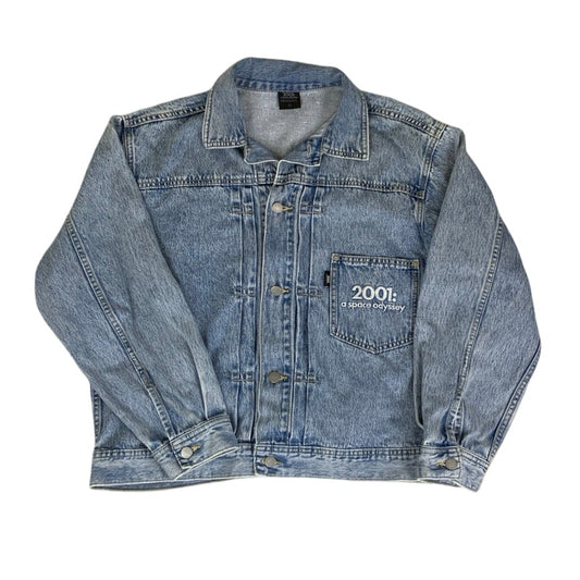 2001 RARE Kubrick Space Odyssey Light Blue Distressed Denim Jacket L XL