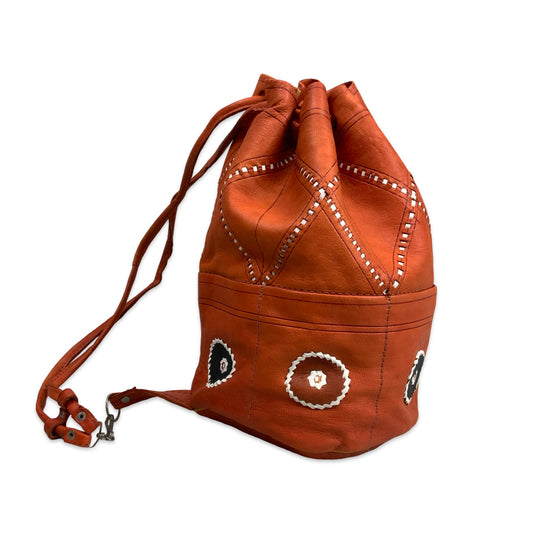 Vintage Orange Leather Boho Hippy Shoulder Bucket Bag