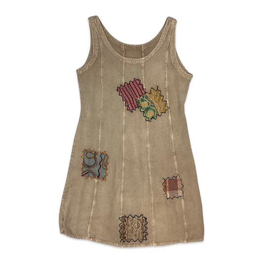 Vintage Boho Grunge Festival Brown Patchwork Mini Dress 8 10