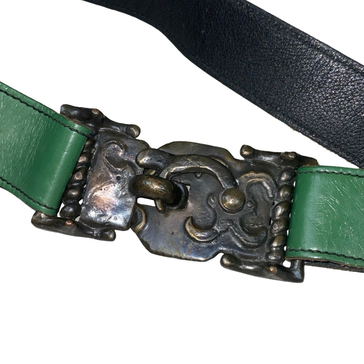 Vintage 80s 90s Green Gold Leather Unique Flip Lock Buckle Belt