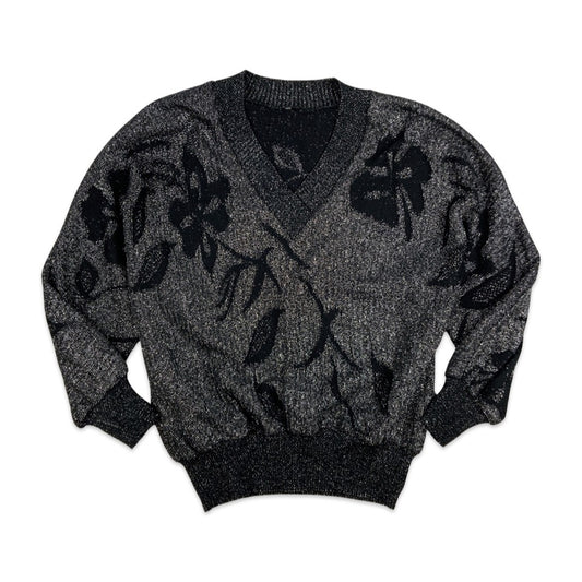 Vintage Knitted Lurex V-neck Floral Jumper Black Silver 14 16 18 20