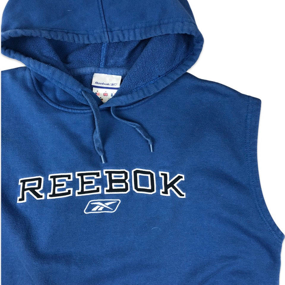 Vintage Reebok Spell out Blue Sleeveless Hoodie Blue Medium