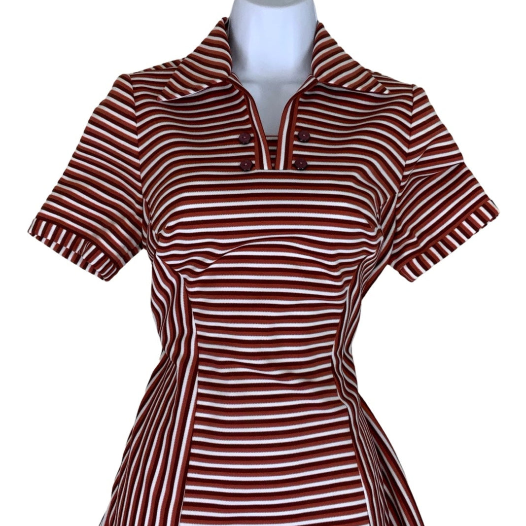 Vintage 60s 70s Red White Brown Stripe Mini Shirt Dress 10 12