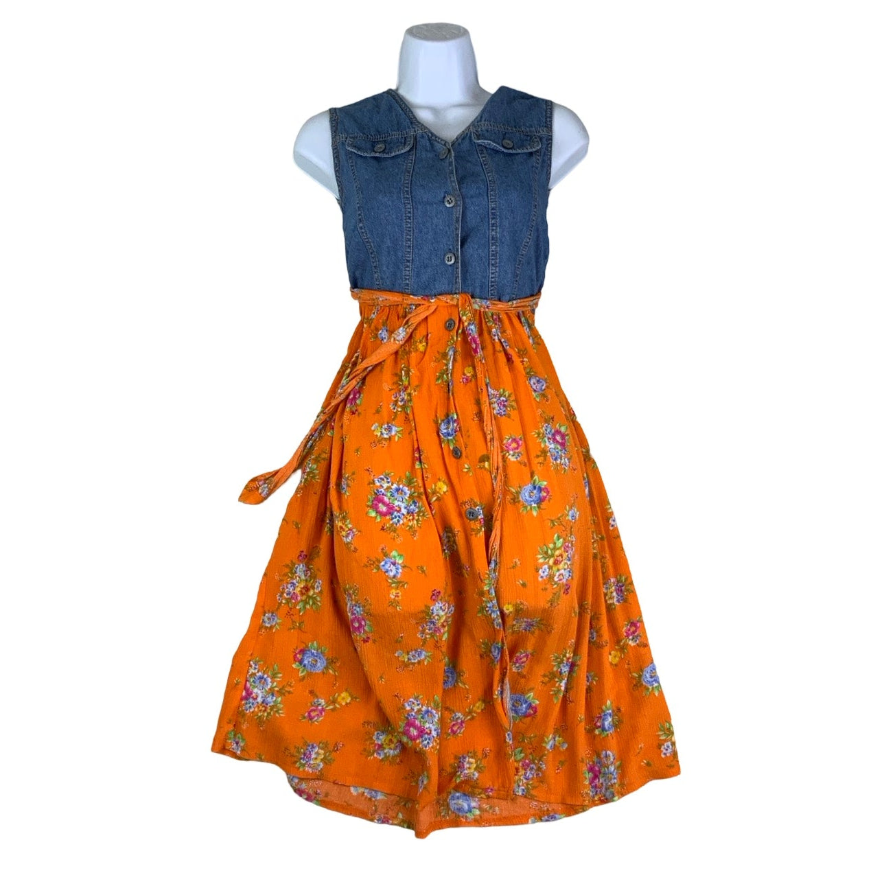 Vintage 90s Orange Floral Midi Sleeveless Denim Dress 6 8 XS