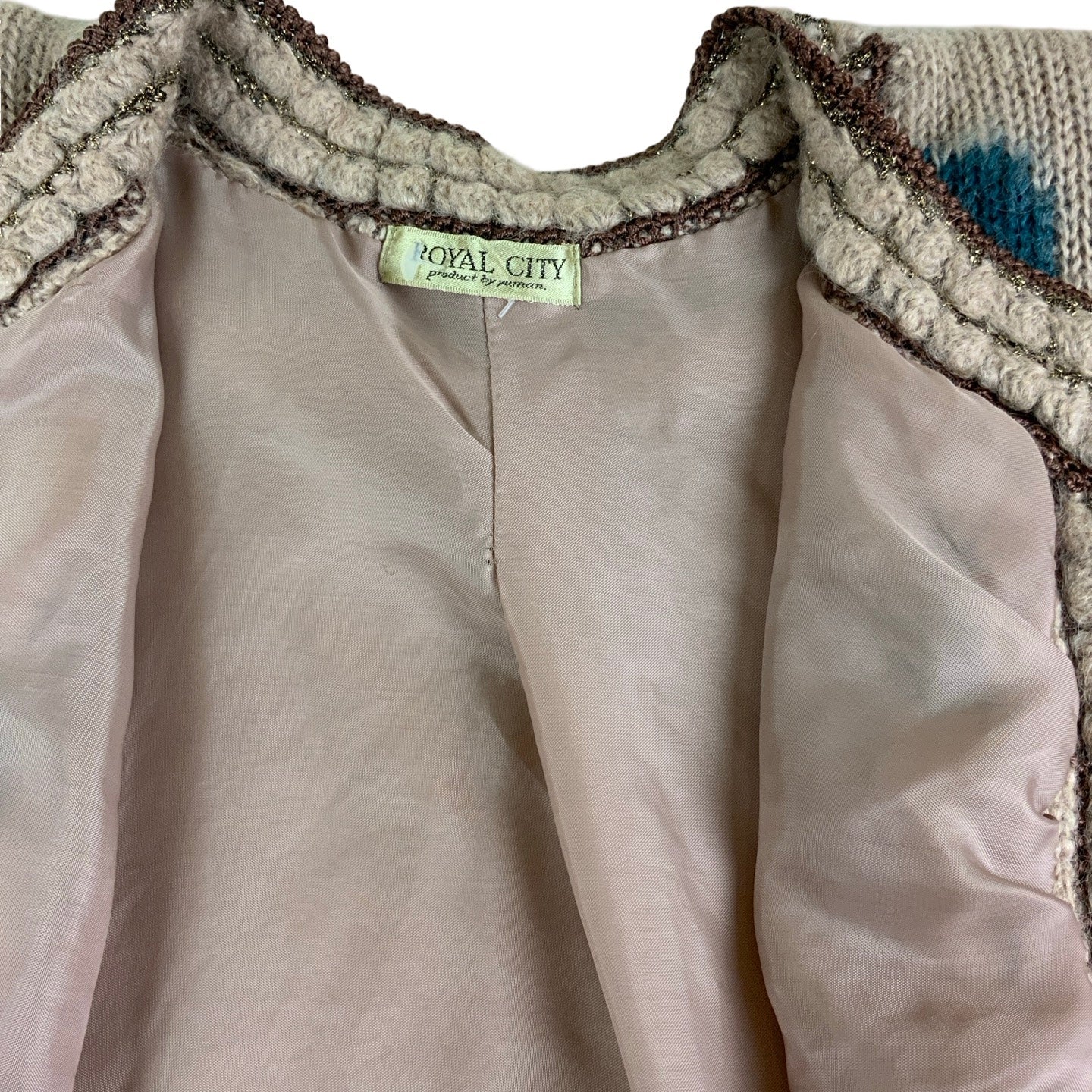 Vintage 80s 'Royal City' Beige Embroidered Floral Cardigan M 14 16