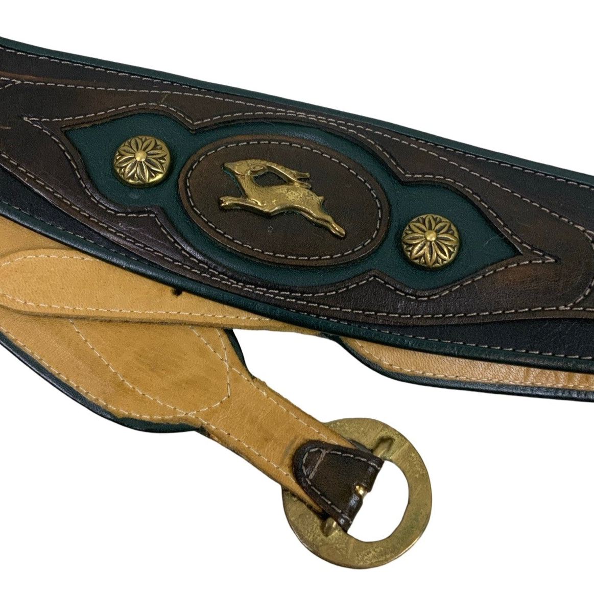 Vintage 80s 90s ‘Ray Busa’ Green Black Brown Leather Deer Stud Buckle Gold Leaf Belt