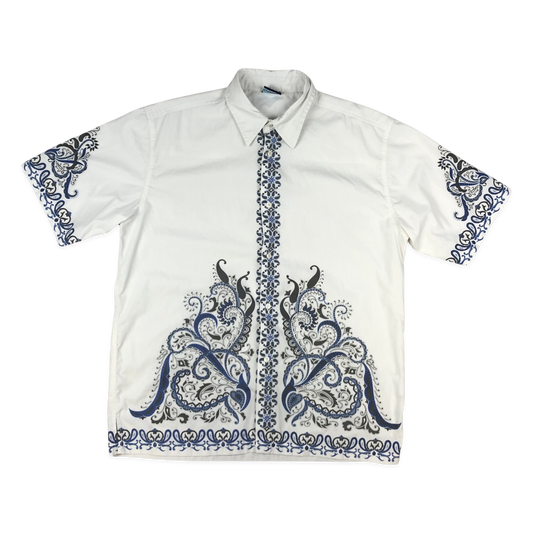 Vintage Y2K Fishbone Surfer Style White and Blue Printed Shirt M-XL