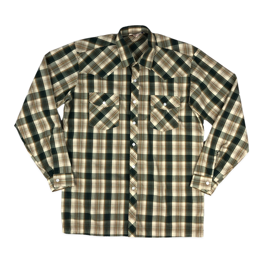 Vintage Western Style Beige and Green Plaid Shirt Shirt L