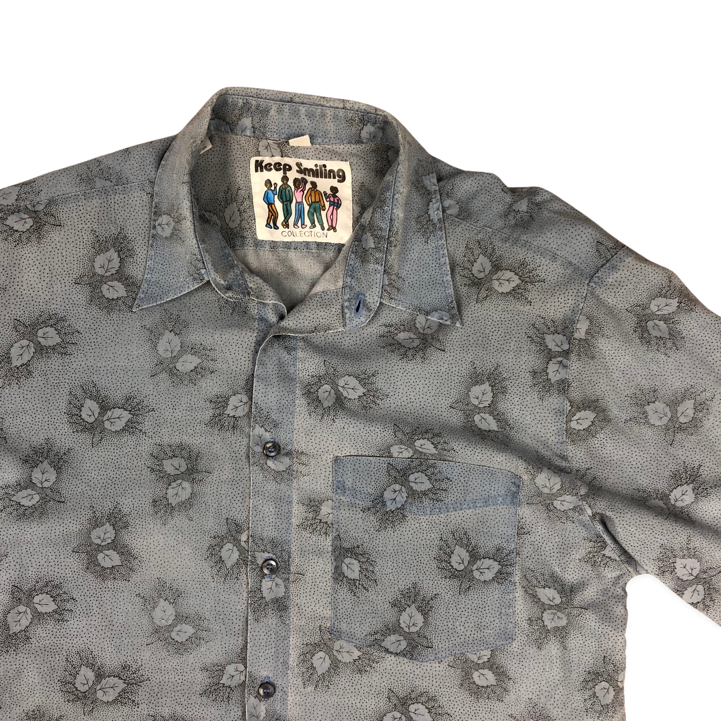 Vintage 70s Leaf Print Blue Shirt L