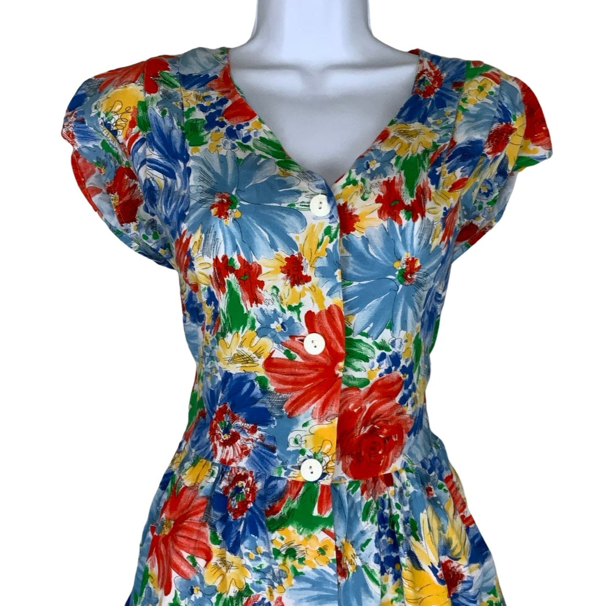 Vintage 80s Red Blue Yellow Green Floral Summer Dress 10 12