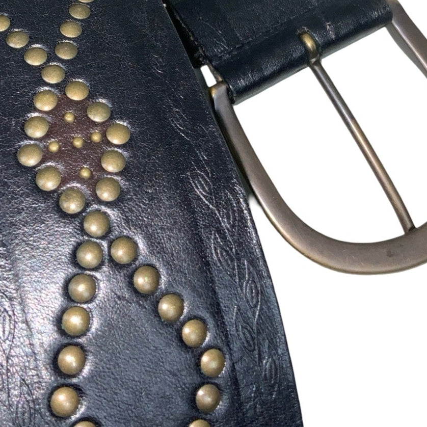 Vintage 90s 'Fossil' Black Leather Geometric Studded Buckle Belt