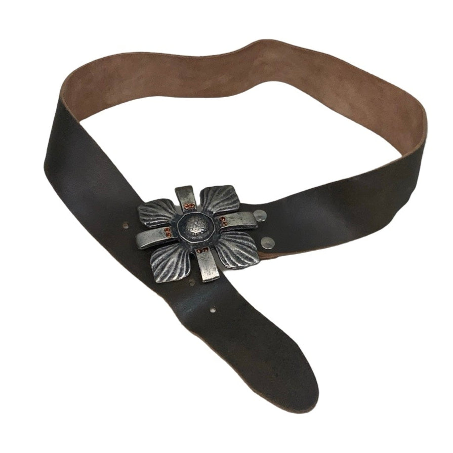 Vintage 90s 00s Y2k Brown Suede Low-Rise Leather Flower Silver Orange Gem Stud Buckle Belt