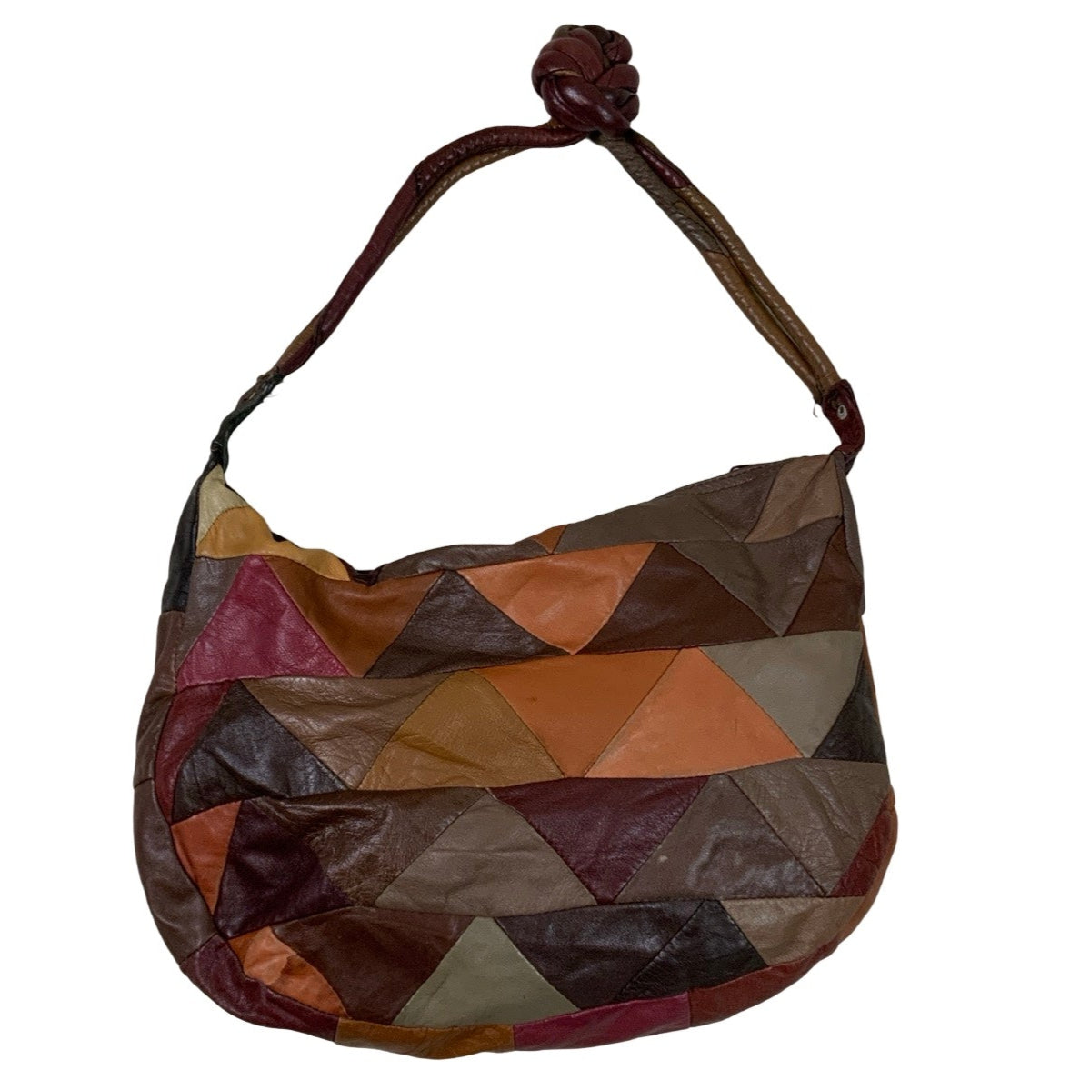 Vintage 90s 00s Y2K Red Brown Beige Leather Patchwork Crescent Hobo Slouchy Handbag