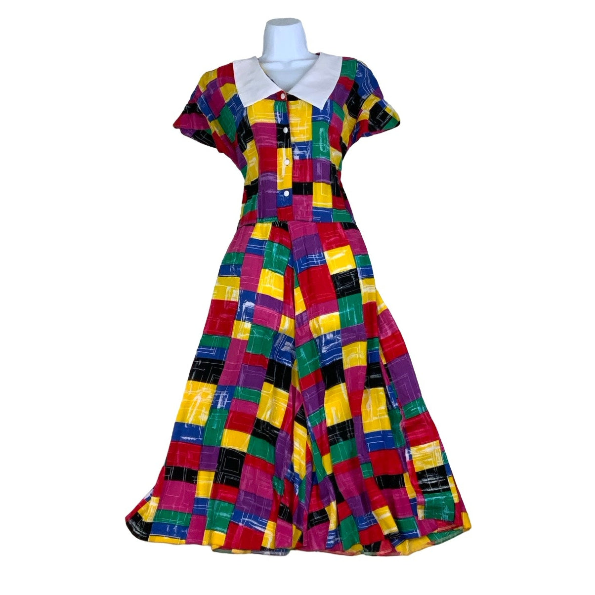 Vintage 80s 90s Geometric Print Multicoloured Aline Collared Swing Dress 16 18