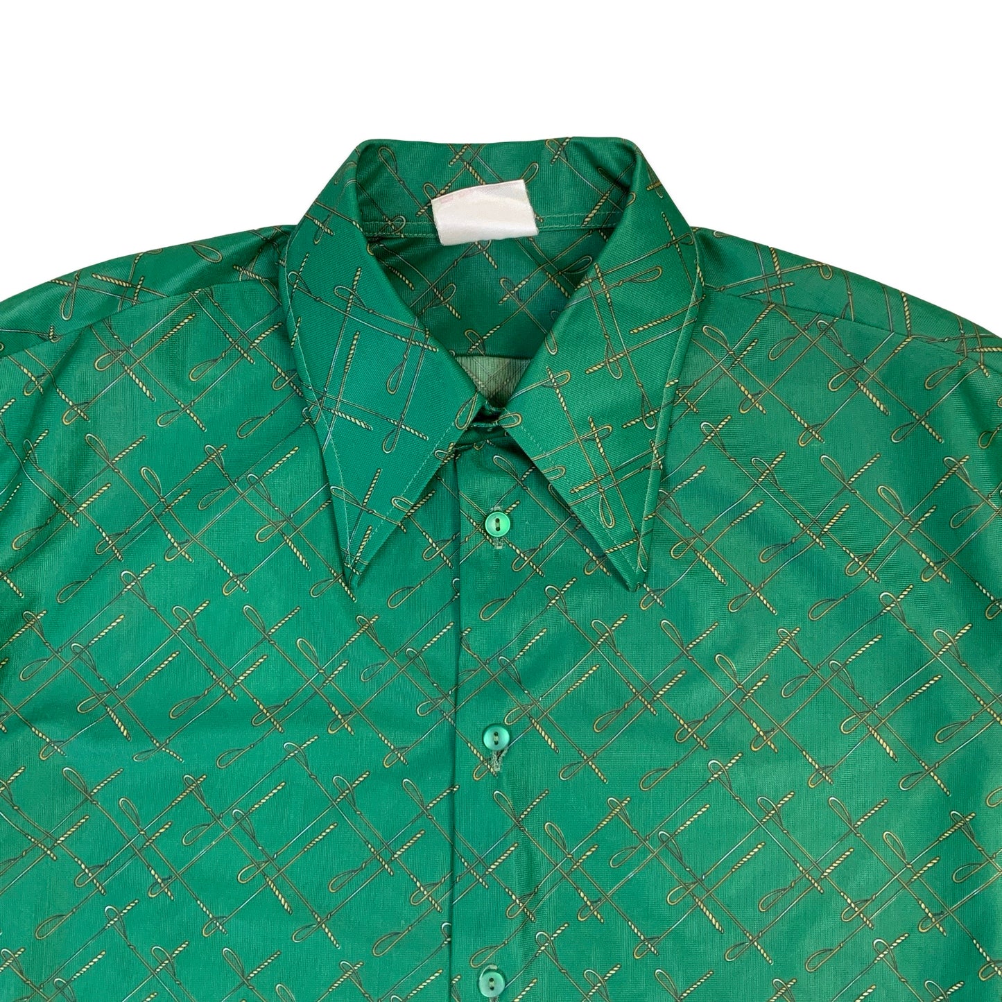 70s Green & Gold Riding Crop Print Dagger Collar Shirt XL