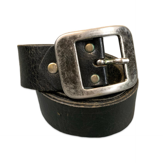 Vintage Black Leather Silver Buckle Belt