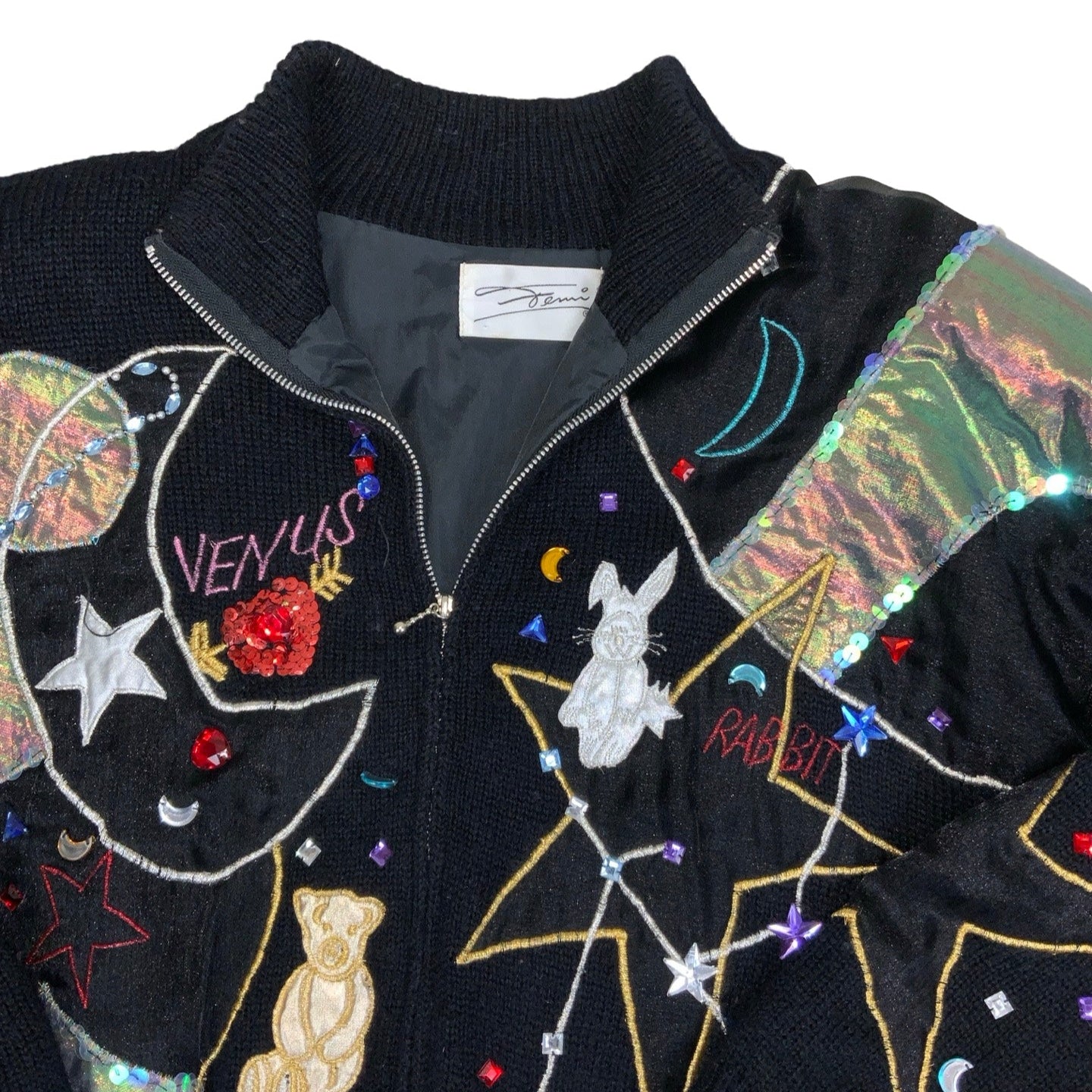 Vintage 80s Crazy Whimsical Psychedelic Geometric Space Embroidered Zip-Up Black Mohair Cardigan XL 2XL