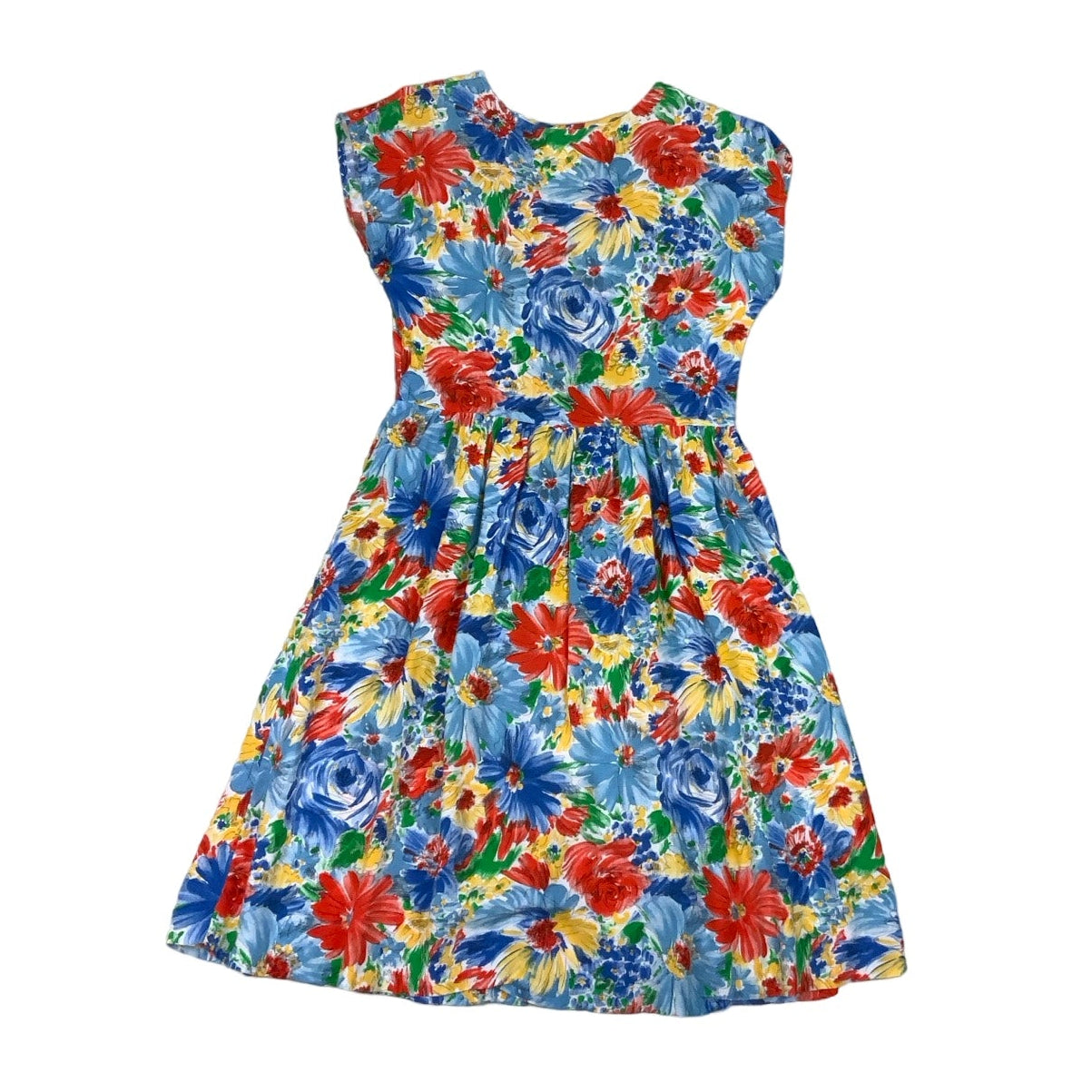 Vintage 80s Red Blue Yellow Green Floral Summer Dress 10 12