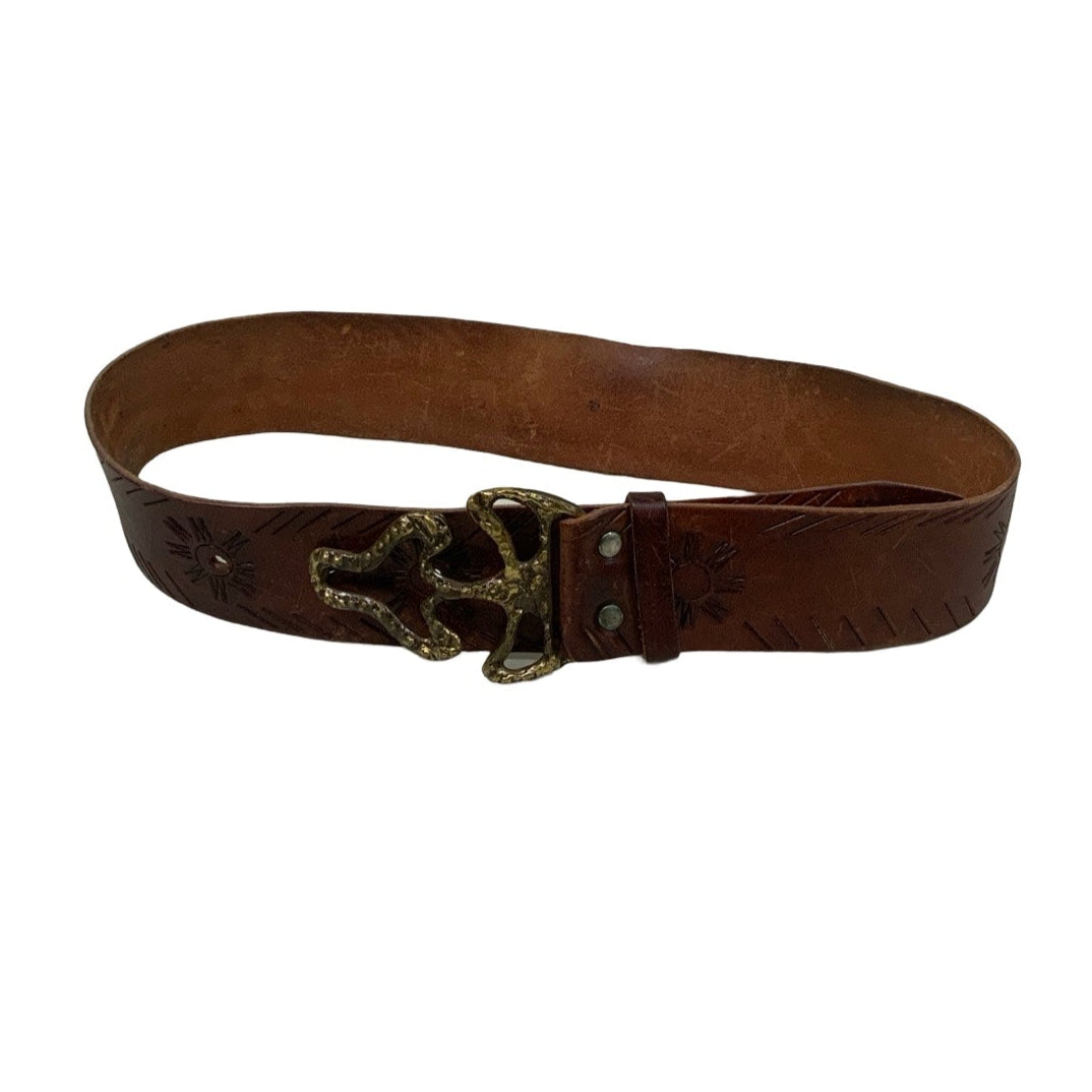 Vintage 80s 90s Thick Brown Carved Leather Unique Pin Buckle Belt