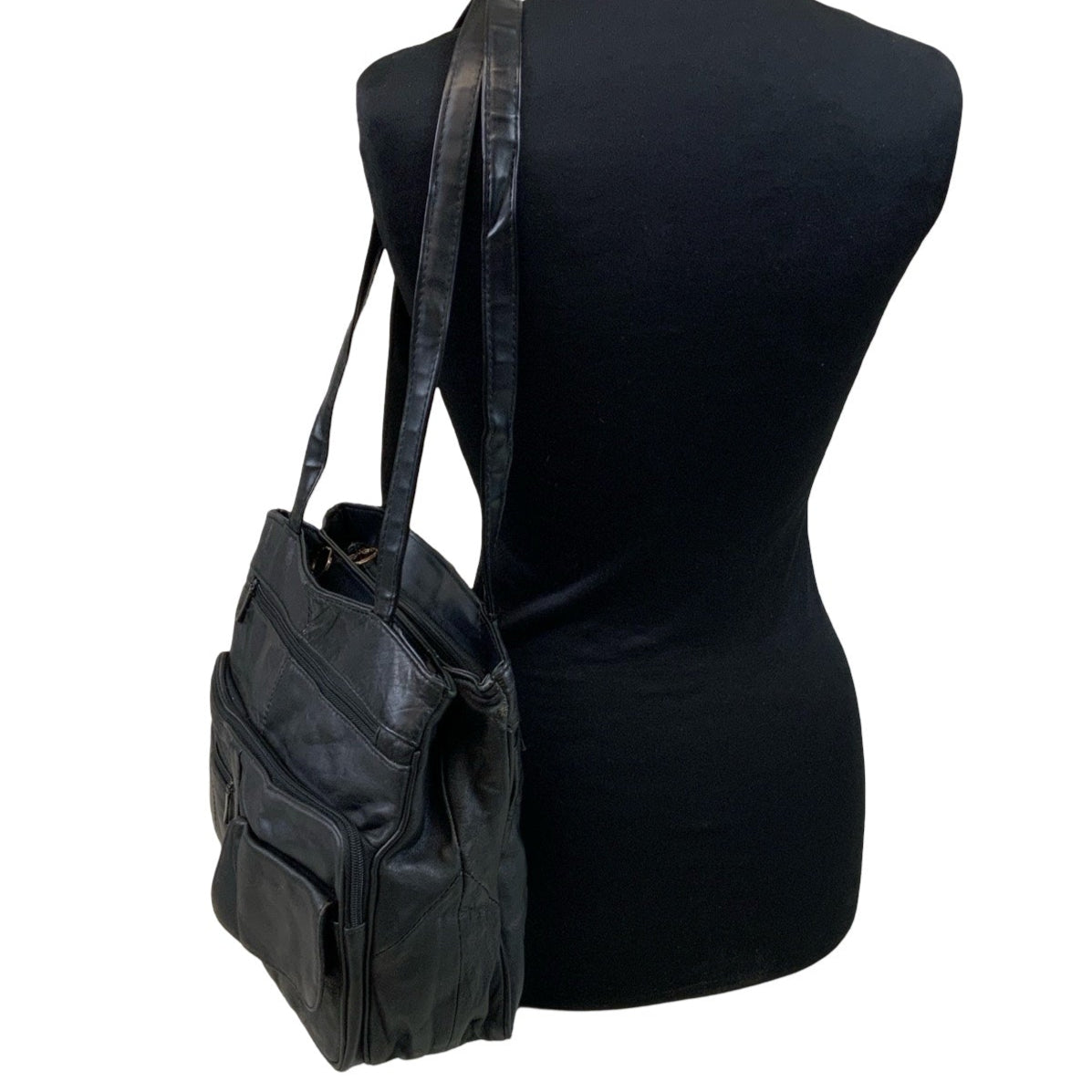 Vintage Black Leathern Large Asymmetric Pockets Organiser Shoulder Bag