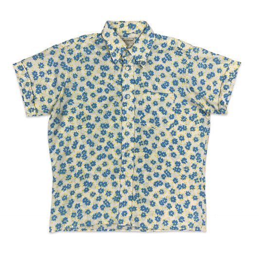 70s White Blue & Yellow Floral Print Dagger Collar Shirt XL