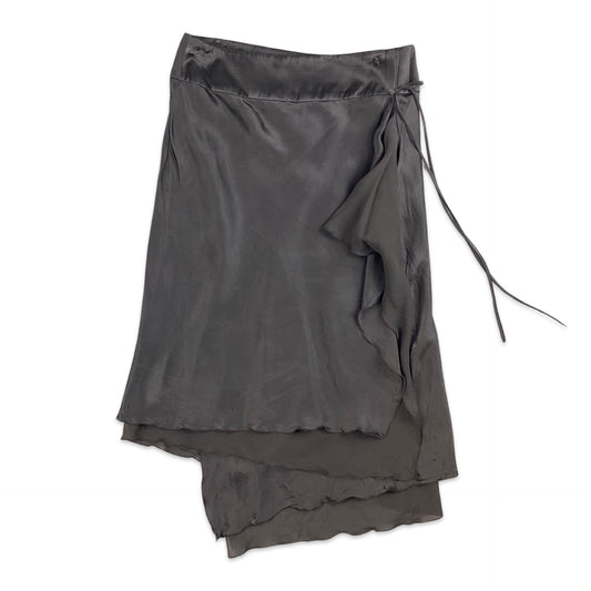 Vintage 90s Brown Silk Asymmetrical Floaty Midi Skirt 10 12