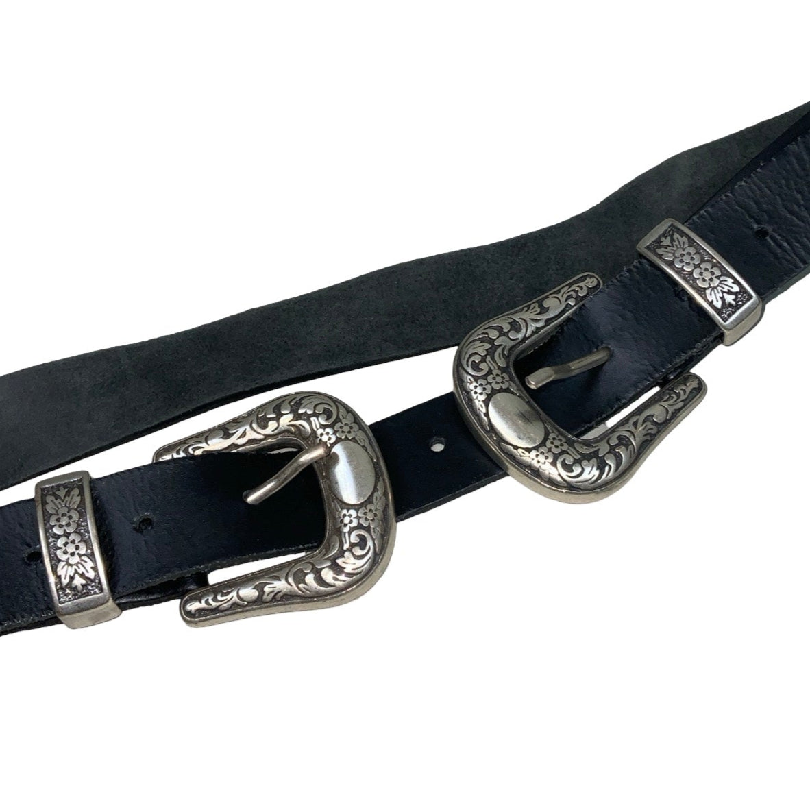 Vintage 90s ‘TopShop’ DEADSTOCK Black Leather Silver Double Buckle Belt