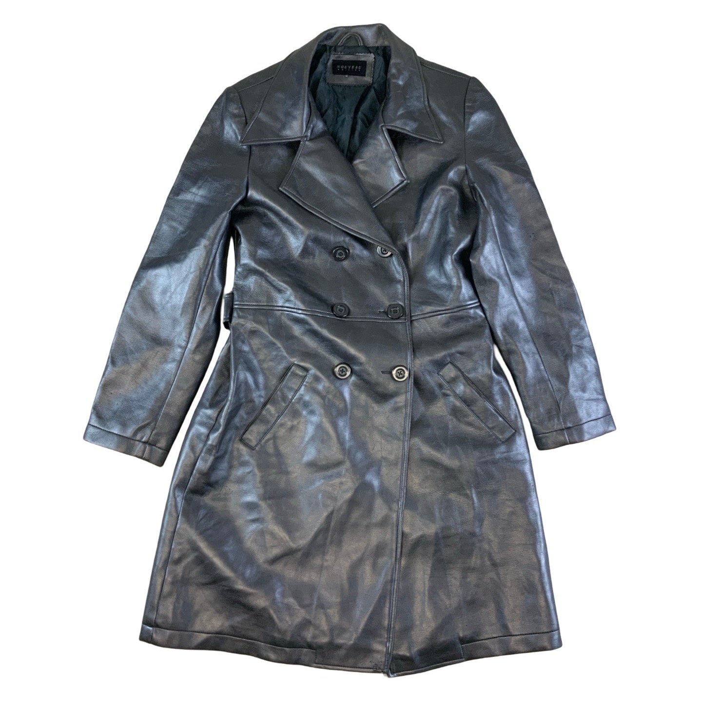 Vintage ‘Nouveau Edition’ Charcoal Silver Camp Collar Double Breasted Trench Leather Coat Jacket S 10 12