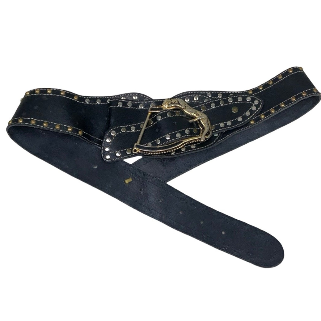 Vintage 90s 00s y2k Black Leather Gold Stud Leopard Buckle Belt