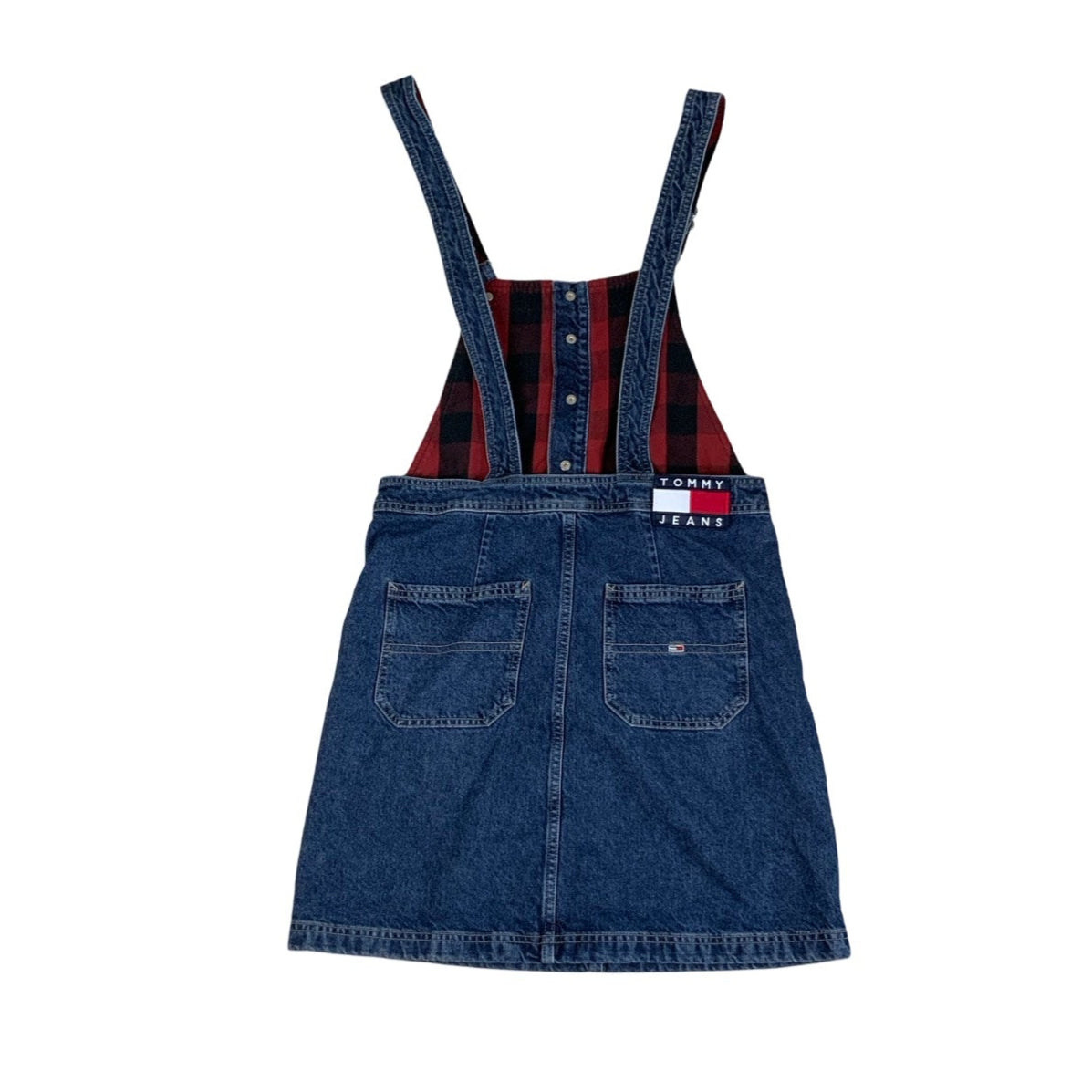 Vintage 90s Tommy Hilfiger Jeans Dungaree Red Black Tartan Pinafore Mini Dress 12 14 M L