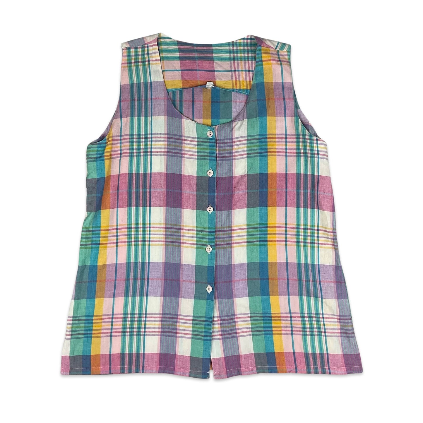 Vintage Pastel Plaid Button Up Sleeveless Blouse 8 10 12