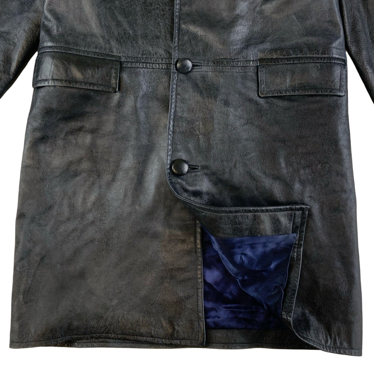 Vintage Black Blue Long Leather Jacket L 14 16 18