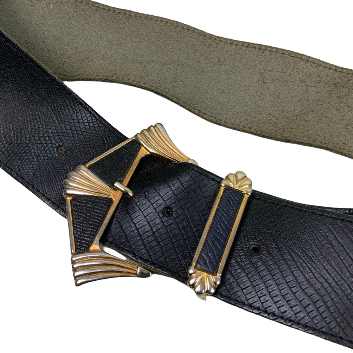 Vintage Black Croc Leather Gold Buckle Belt