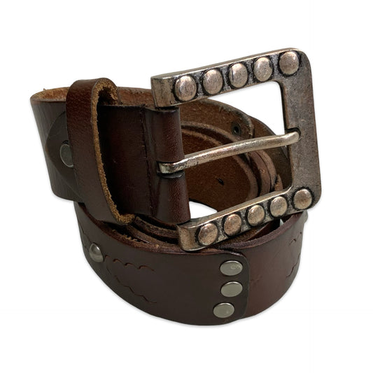 Vintage Brown Leather Belt Silver Studs