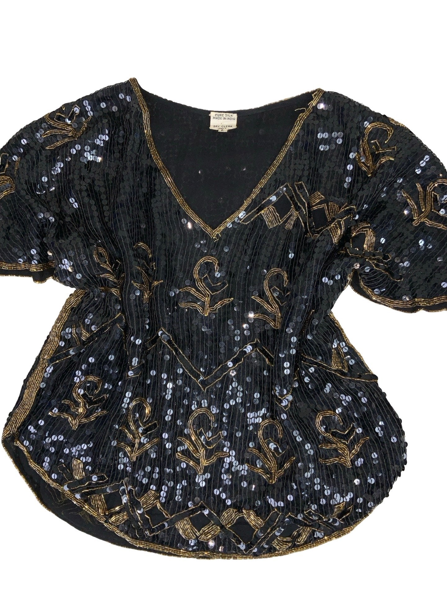 Vintage Black Sequin Gold Bead Blouse Top M L 14 16